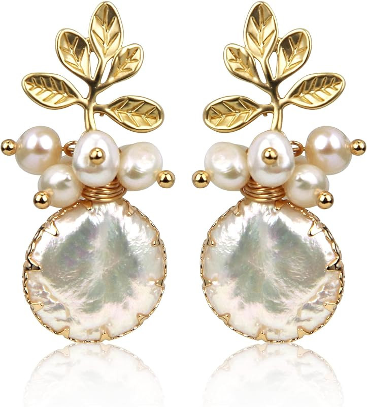 ELEXIS 18k Gold Baroque White Big Pearl Drop Earrings For Women Handmade Trendy Comfy Real Freshw... | Amazon (US)