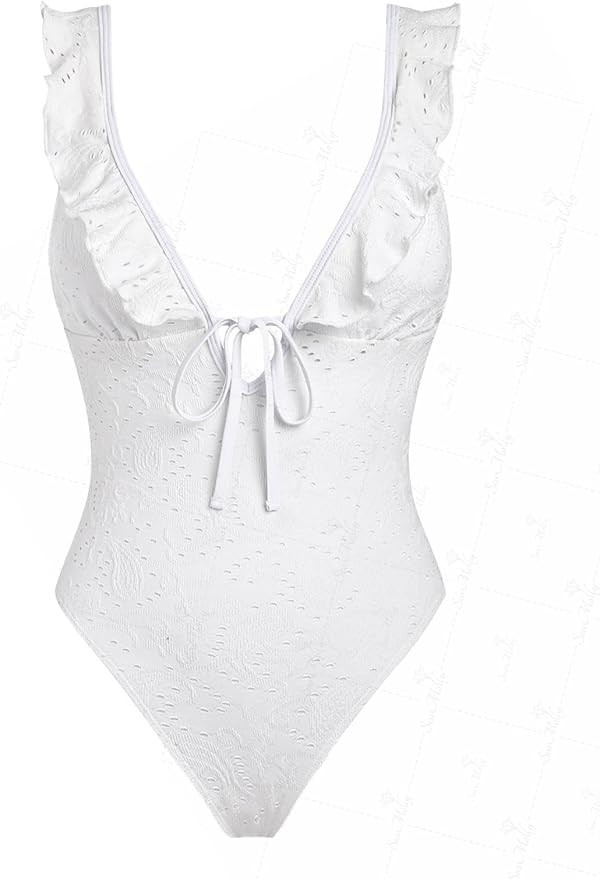 seamoly Vintage Striped Ruffles Trim Tied Plunging Neck One-Piece Swimsuit | Amazon (US)