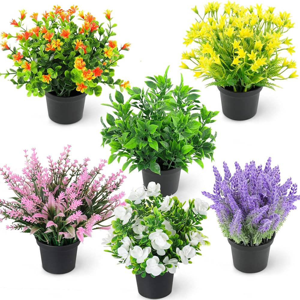 Artificial Potted Plants-Set of 6 Small Faux Plants Flowers in Black Pot Fake Plastic Lavender Fl... | Amazon (US)