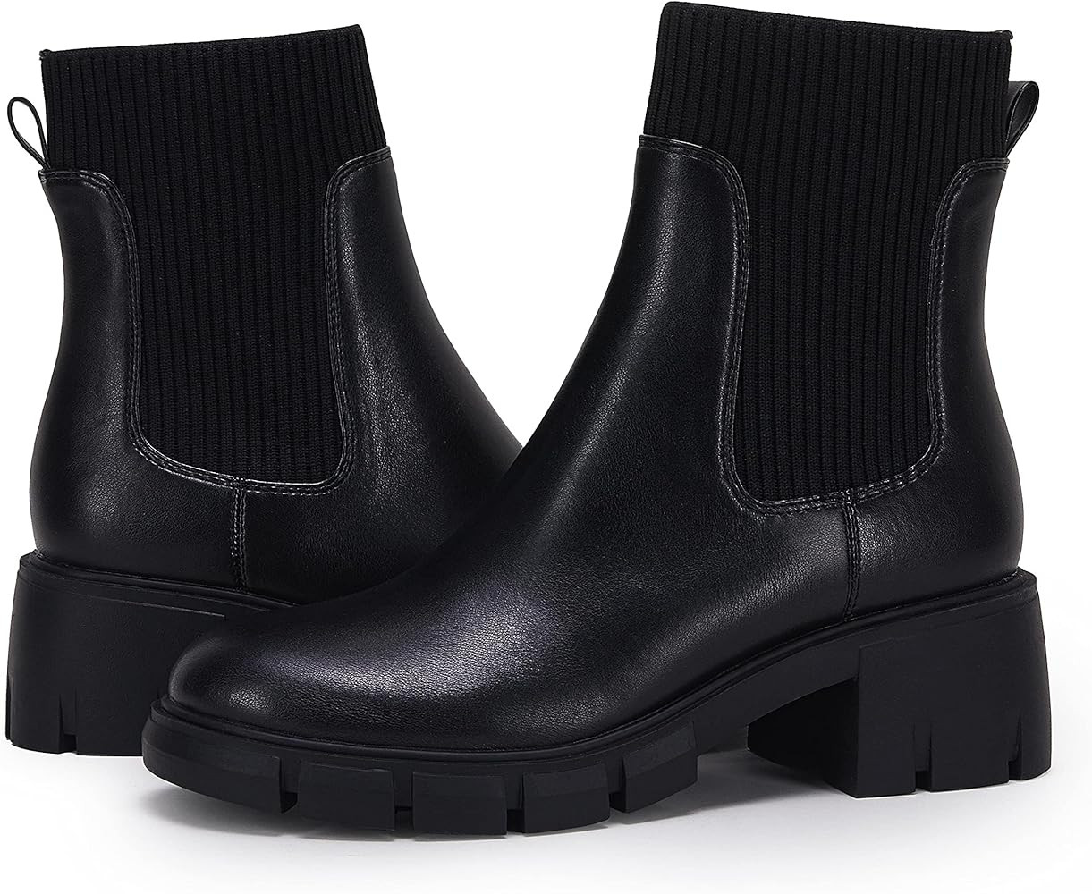Womens Platform Ankle Boots Elastic Chunky Block Heel Chelsea Booties Lug Sole Non-Slip Combat Sh... | Amazon (US)