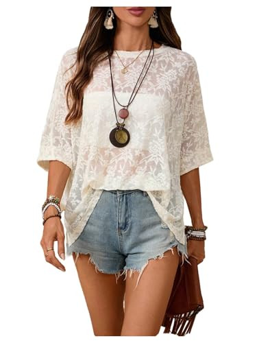 SOLY HUX Women's Floral Mesh Tops Short Sleeve Crew Neck See Through T Shirts Vacation Festival O... | Amazon (US)