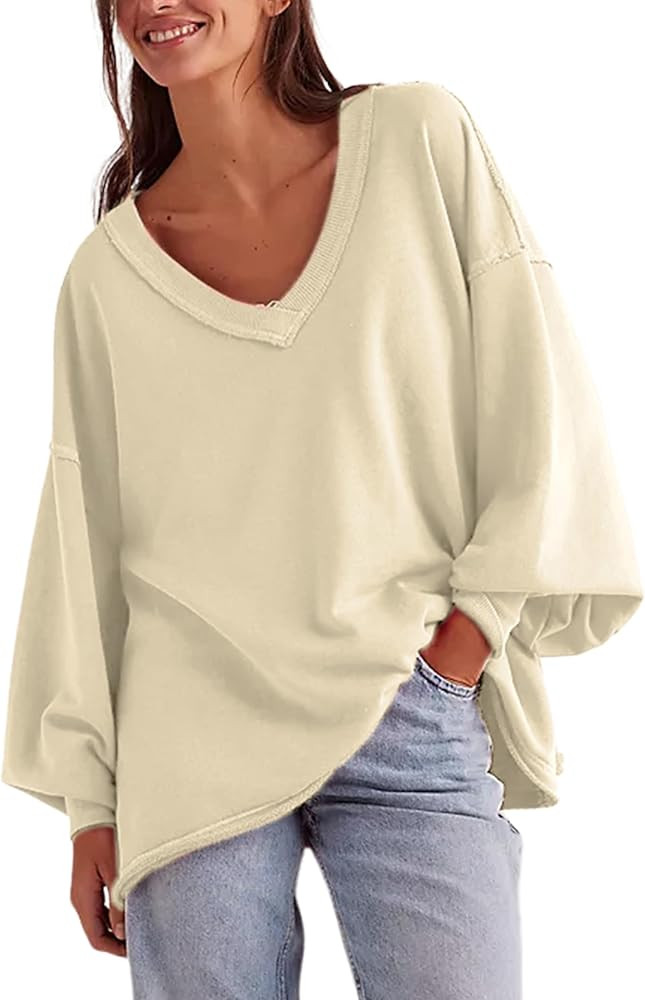 Ailoqing Womens Loose Casual Sweatshirts V-Neck Long Sleeve Pullover Top Fall Winter Outfits | Amazon (US)