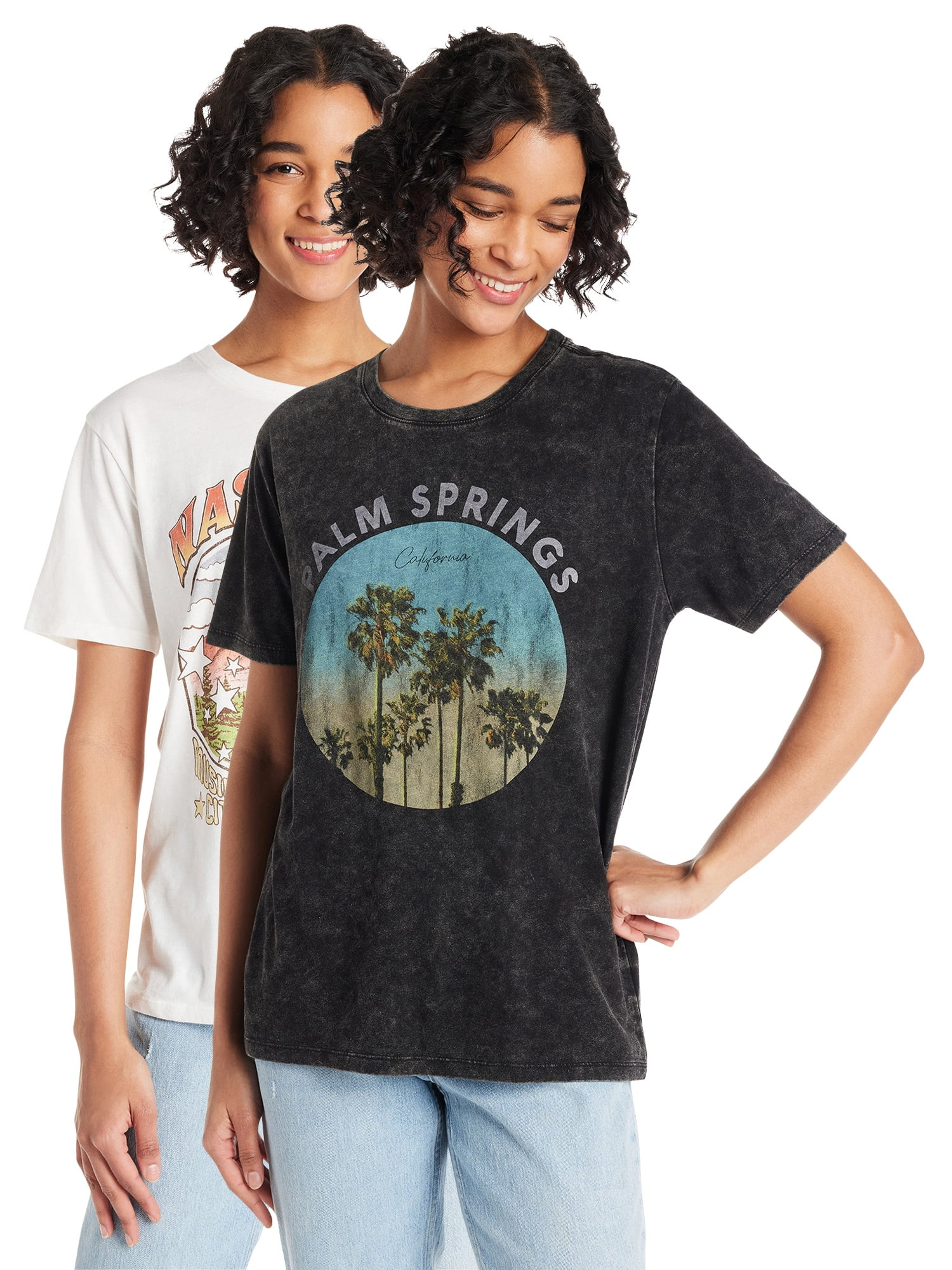 Time and Tru Women's Palm Springs and Nashville Graphic Tee with Short Sleeves, 2-Pack, Sizes XS-... | Walmart (US)