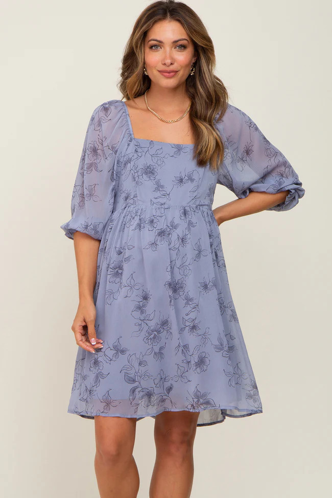 Blue Floral 3/4 Sleeve Chiffon Maternity Dress | PinkBlush Maternity
