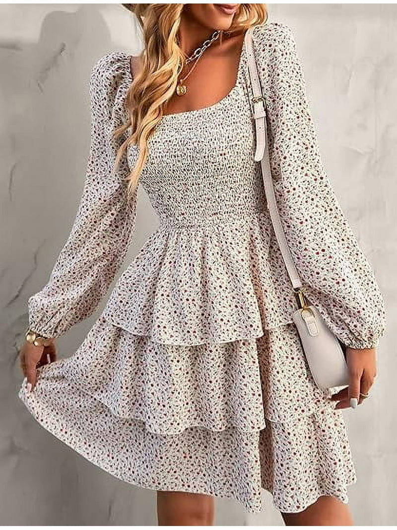 FreshPrettyWomen Square Neck Smocked Dresses Summer Spring Long Sleeve Floral Swiss Dot Mini Boho... | Walmart (US)