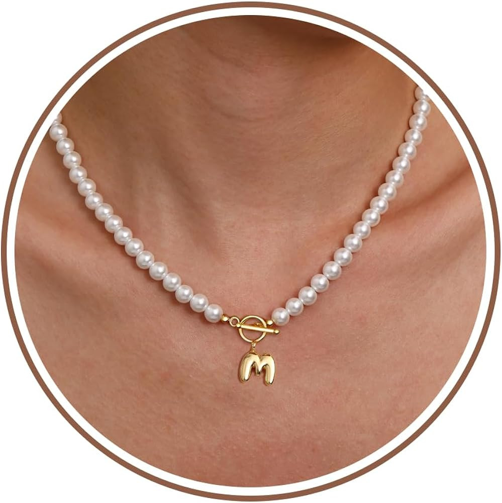 Pearl Necklaces for Women Bubble A-Z Initial Necklace Gold Dainty Pearl Choker Necklace Anniversa... | Amazon (US)