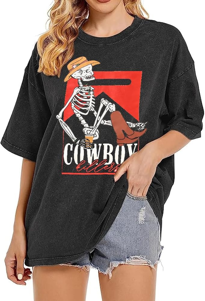 CM C&M WODRO Women Western Cowgirl T Shirt Retro Cowboy Killer Skeleton Graphic Tee Summer Short ... | Amazon (US)