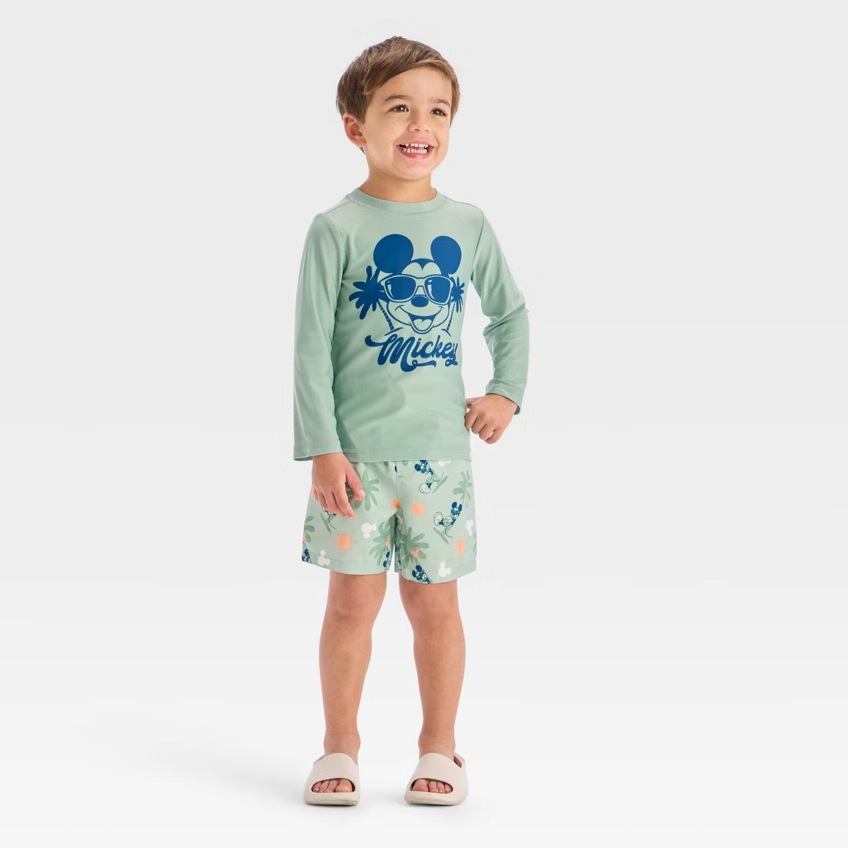 Toddler Boys' Mickey Mouse Palm Tree Rashguard Swim Set - Green | Target