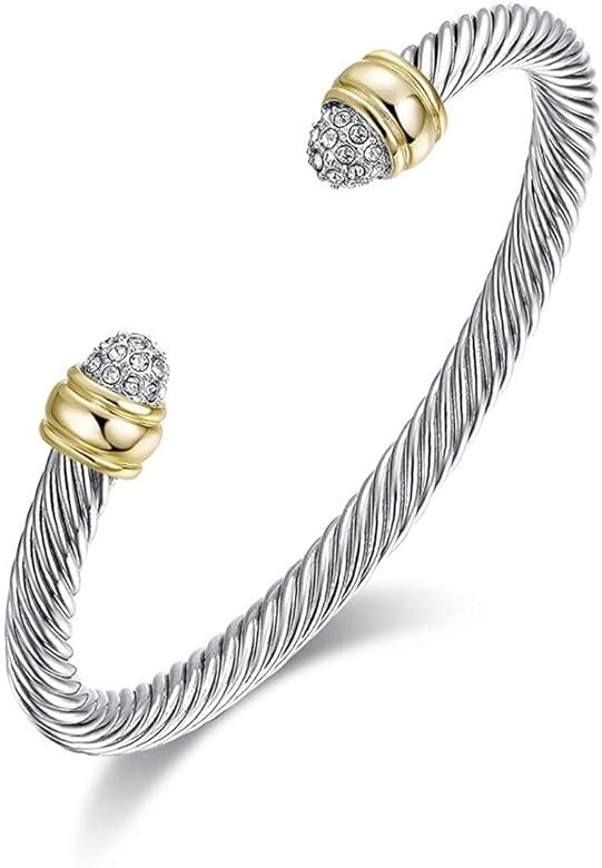 Two Tone Cable Bangle Antique Cuff Bracelet with Zircon Inlaid Ends | Amazon (US)