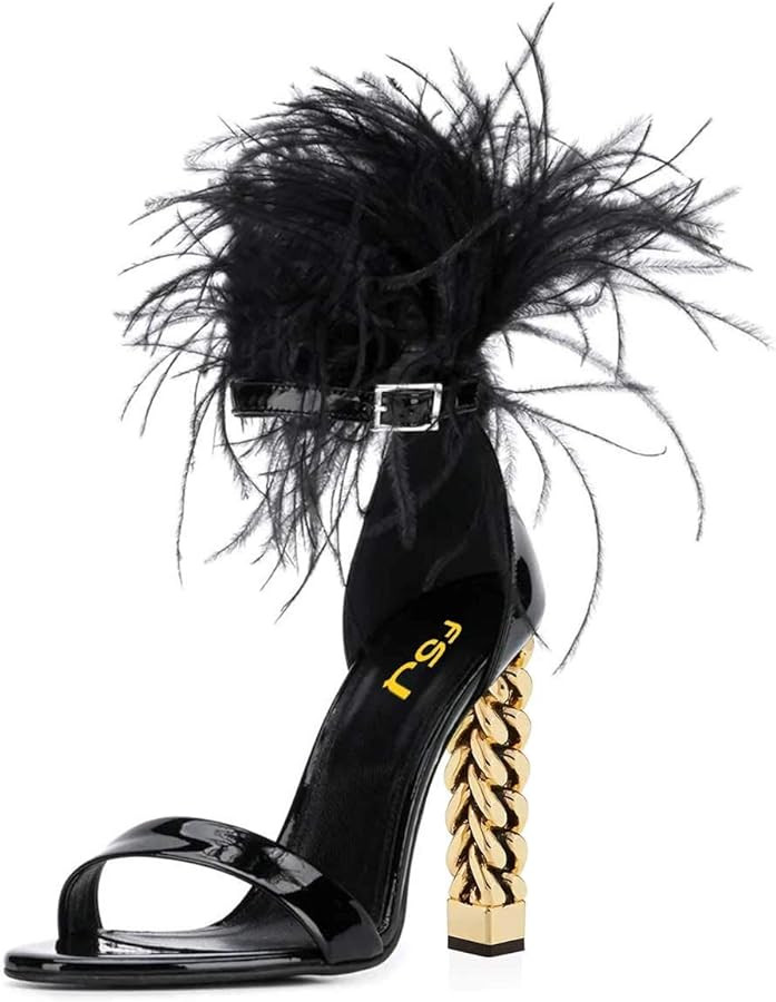 FSJ Women Flower Gold Metal Chain Chunky High Heels Ankle Strap Sandals Open Toe Fashion Summer D... | Amazon (US)