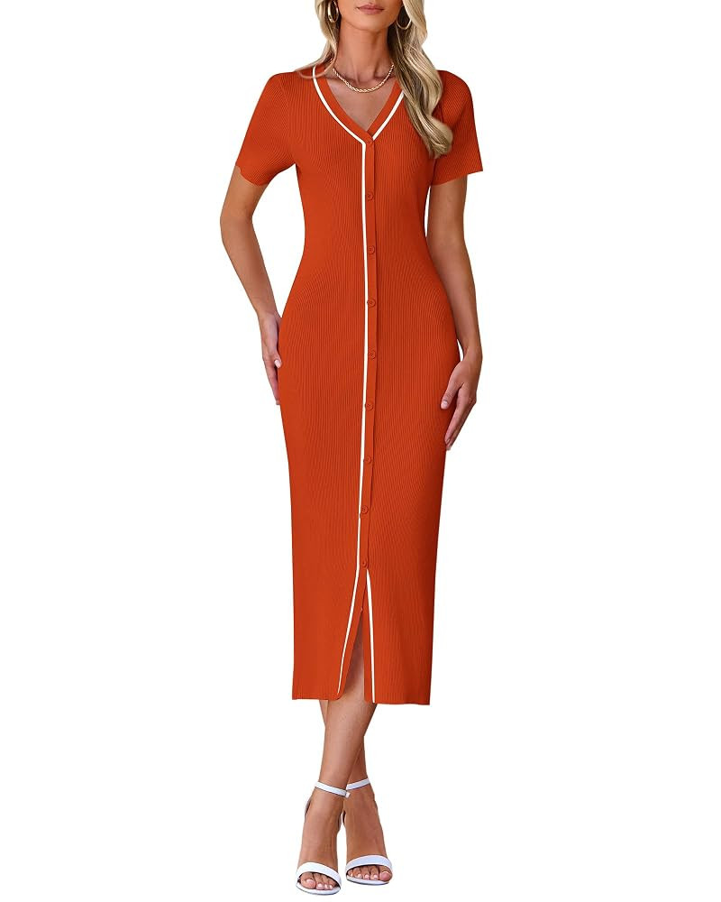 BTFBM Casual Women Spring Dresses 2025 Knit Bodycon Sweater Summer Dress Decorative Button V Neck... | Amazon (US)