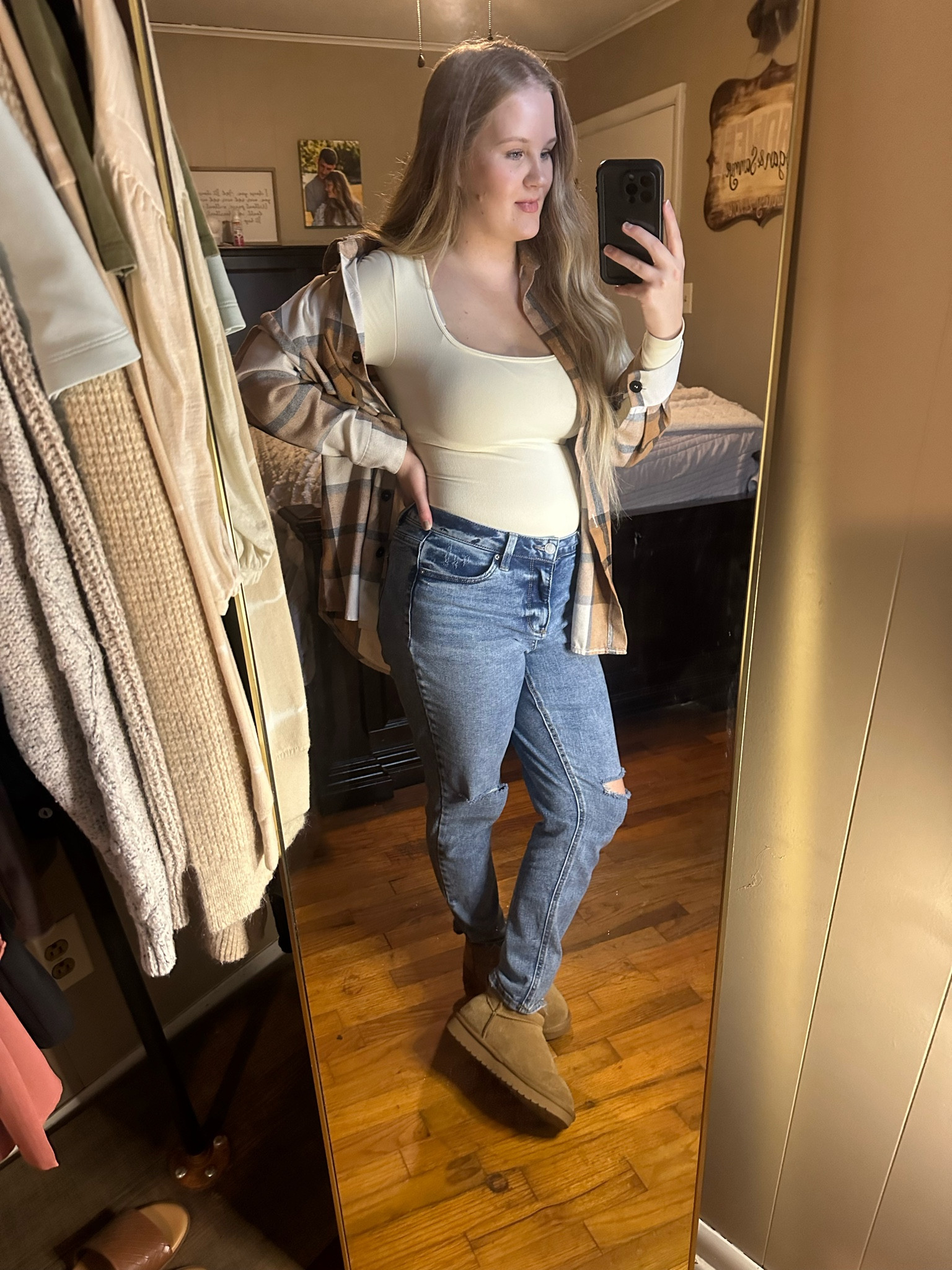 Amazon Flannel Shacket perfect for fall 🍂🧥 bodysuits size small mom jeans size 6 ankle boot snow boot size 8 on sale suede boots 👢 fall fashion 

#LTKSaleAlert #LTKShoeCrush #LTKFindsUnder50