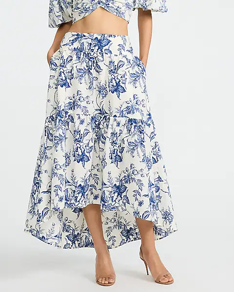 Cotton Poplin Floral High Waisted High-low Tiered Midi Skirt | Express