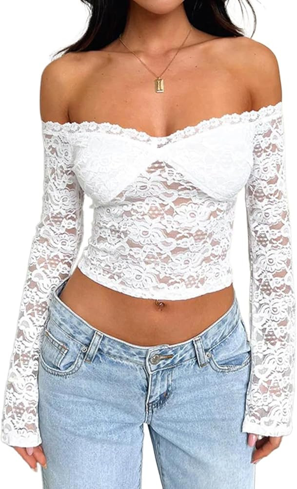 LOFAAC Women Off Shoulder Floral Lace Going Out Crop Tops Sexy Slim Long Sleeve See Through Backl... | Amazon (US)