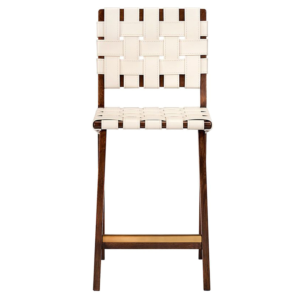 Interlude Louis Mid Century Mediterranean Sand Woven Leather Walnut Wood Counter Stool | Kathy Kuo Home