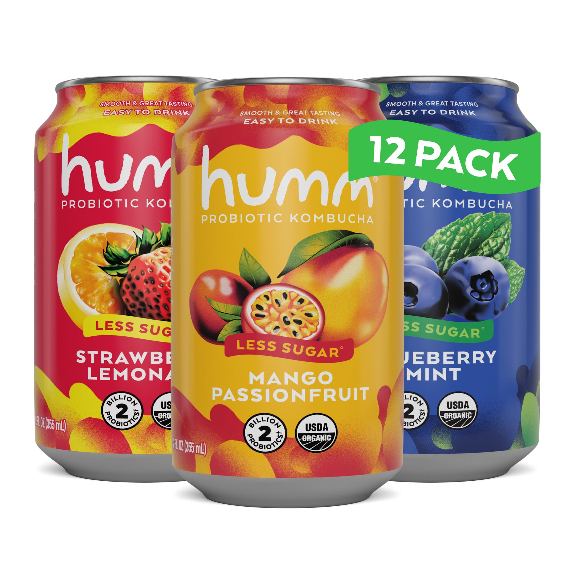 Humm Probiotic Kombucha The Original Variety 12 Pack, Organic, 2 Billion Probiotics for Gut Health, Mango Passionfruit, Blueberry Mint and Strawberry Lemonade | Amazon (US)