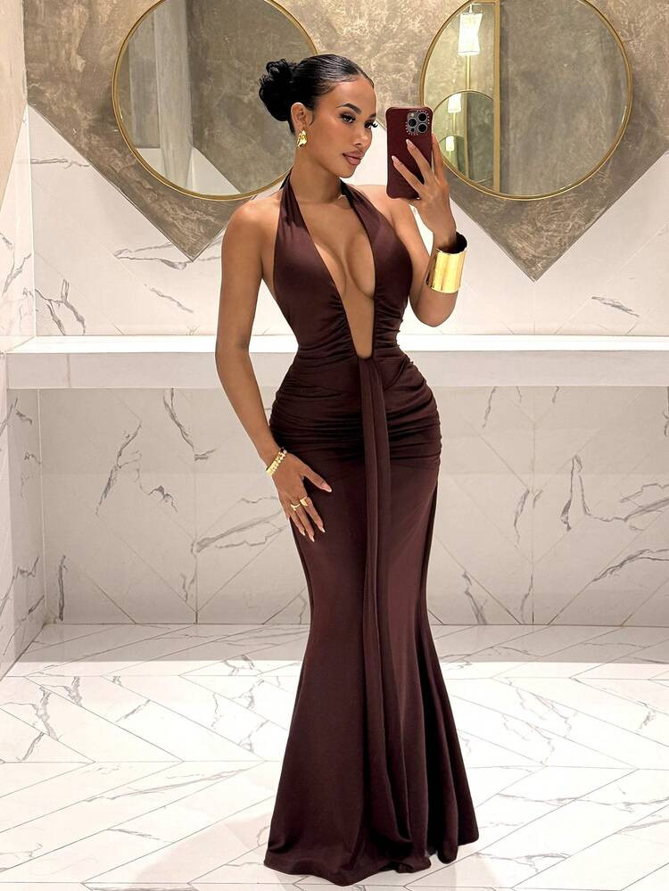 Slaydiva New Elegant Deep V-Neck Mermaid Dress, Suitable For Party, Birthday, Bar, Nightclub, Valentine's Day, Halloween, Christmas - Brown | SHEIN