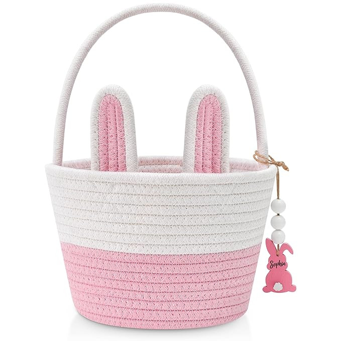 Easter Baskets for Kids, Pink Large Woven Rope Bunny Personalized Easter Basket Empty with Handle... | Amazon (US)