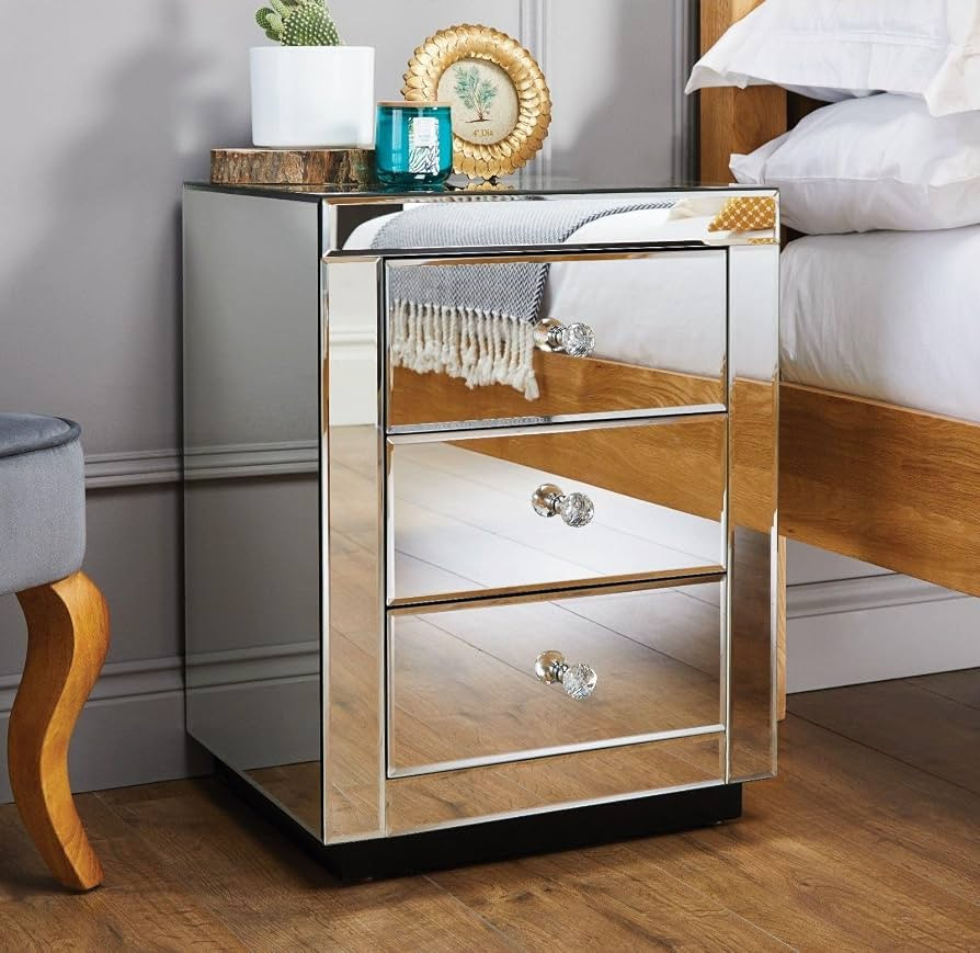 Furniturebox Italian Mirrored Nightstand - 3 Drawers Stunning Finish Bright Modern Bedside Table | Amazon (US)