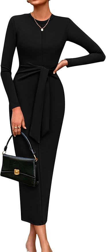 PRETTYGARDEN Women's 2025 Wedding Guest Midi Dresses Semi Formal Long Sleeve Bodycon Tie Waist Co... | Amazon (US)