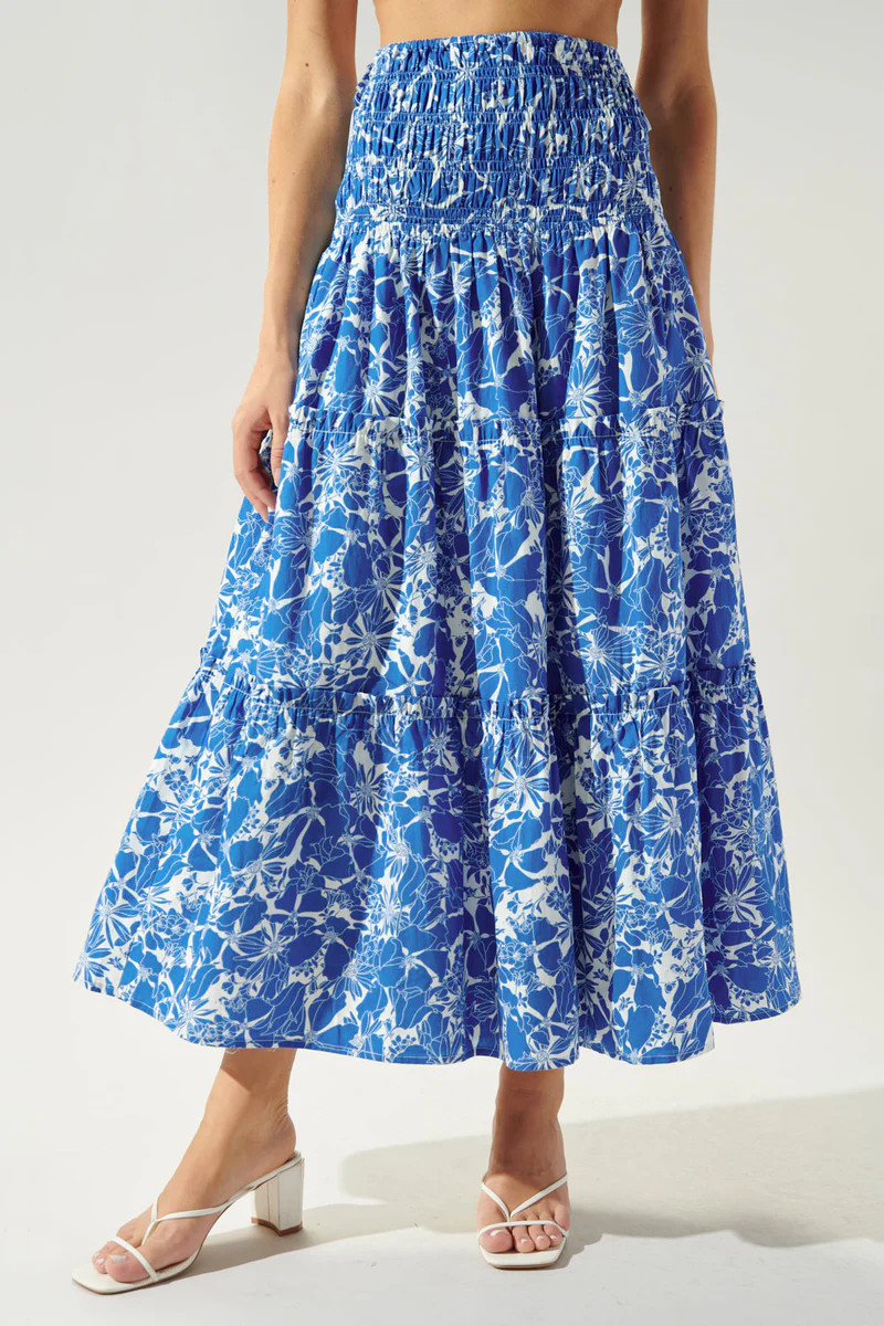 Marina Floral Smocked Tiered Midi Skirt | Sugarlips