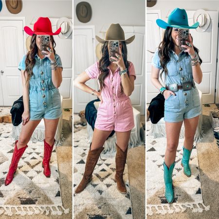 Three ways to style a romper, show me your mu romper versus Amazon look for less romper, cowboy hat, cowgirl, boots, cowboy boots, western belt, concert, outfit, festival, summer, spring, Nashville outfit, western cowgirl outfit


#LTKstyletip #LTKfindsunder50 #LTKfindsunder100