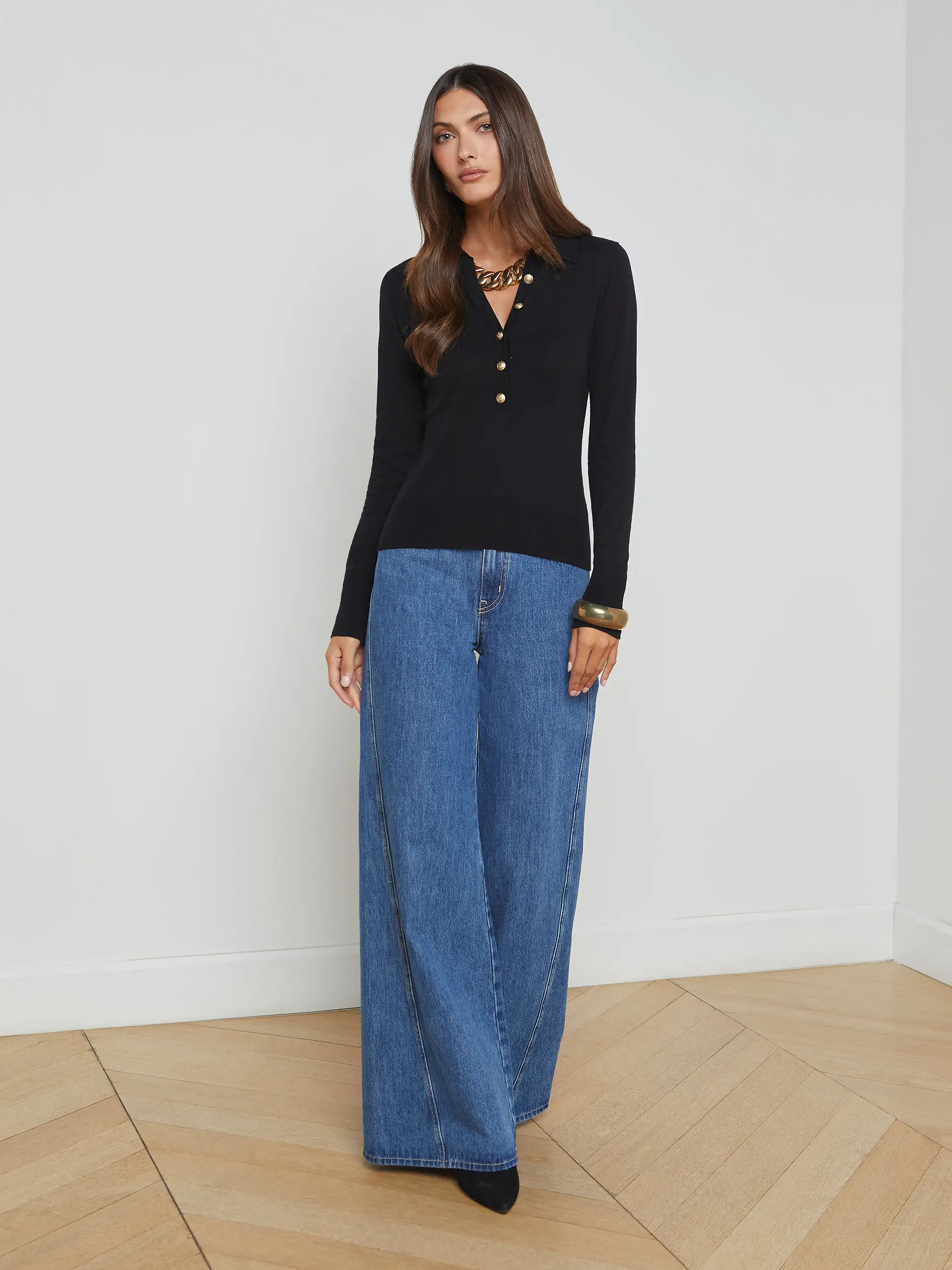 Sterling Long Sleeve Sweater in Black/Gold | L'AGENCE | L'Agence