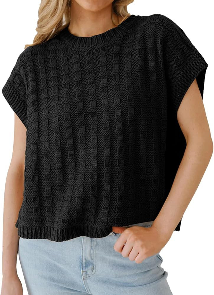 Womens Summer Tops Cap Sleeve Sweater Ribbed Crew Neck Crop Plaid Tank Top Knit Casual 2025 Fashi... | Amazon (US)