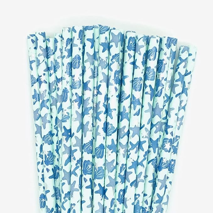 100 pcs Under The Sea Party Paper Straws, Blue Starfish Scallop Shells Animal Silver Foil Star Dr... | Amazon (US)