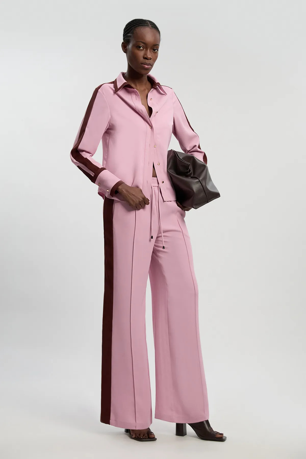 Pink Twill Contrast Woven Wide Leg Trousers | Karen Millen | Karen Millen UK + IE + DE + NL