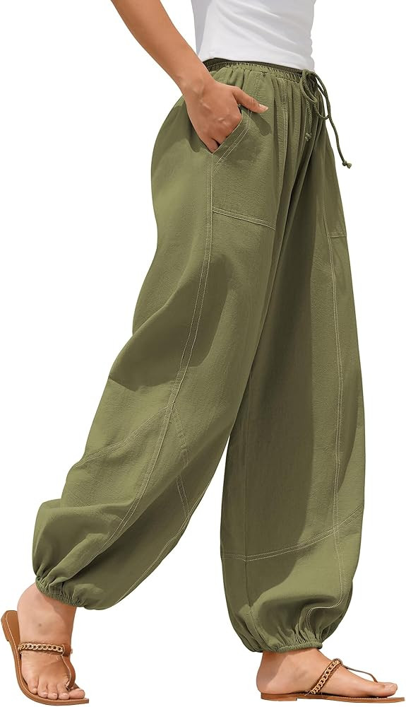 ZAFUL Women Casual Linen Pants Lightweight Drawstring Elastic Waist Lounge Beach Summer Pants wit... | Amazon (US)