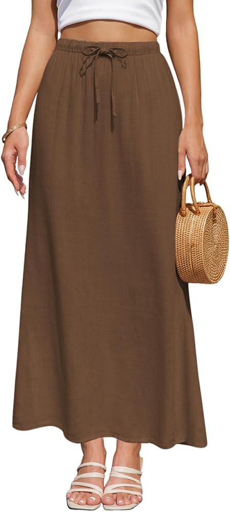 Women's Linen Maxi Skirt Drawstring Back Slit Elastic High Waisted Flowy 2026 Summer White Long S... | Amazon (US)