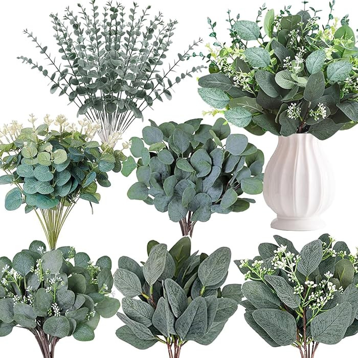 120 Pcs 6 Kinds Mixed Eucalyptus Leaves Stems Bulk Artificial Silver Dollar Leaves Picks Dried Eu... | Amazon (US)