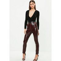 Burgundy Striped Faux Leather Slim Leg Trousers, Burgundy | Missguided (UK & IE)