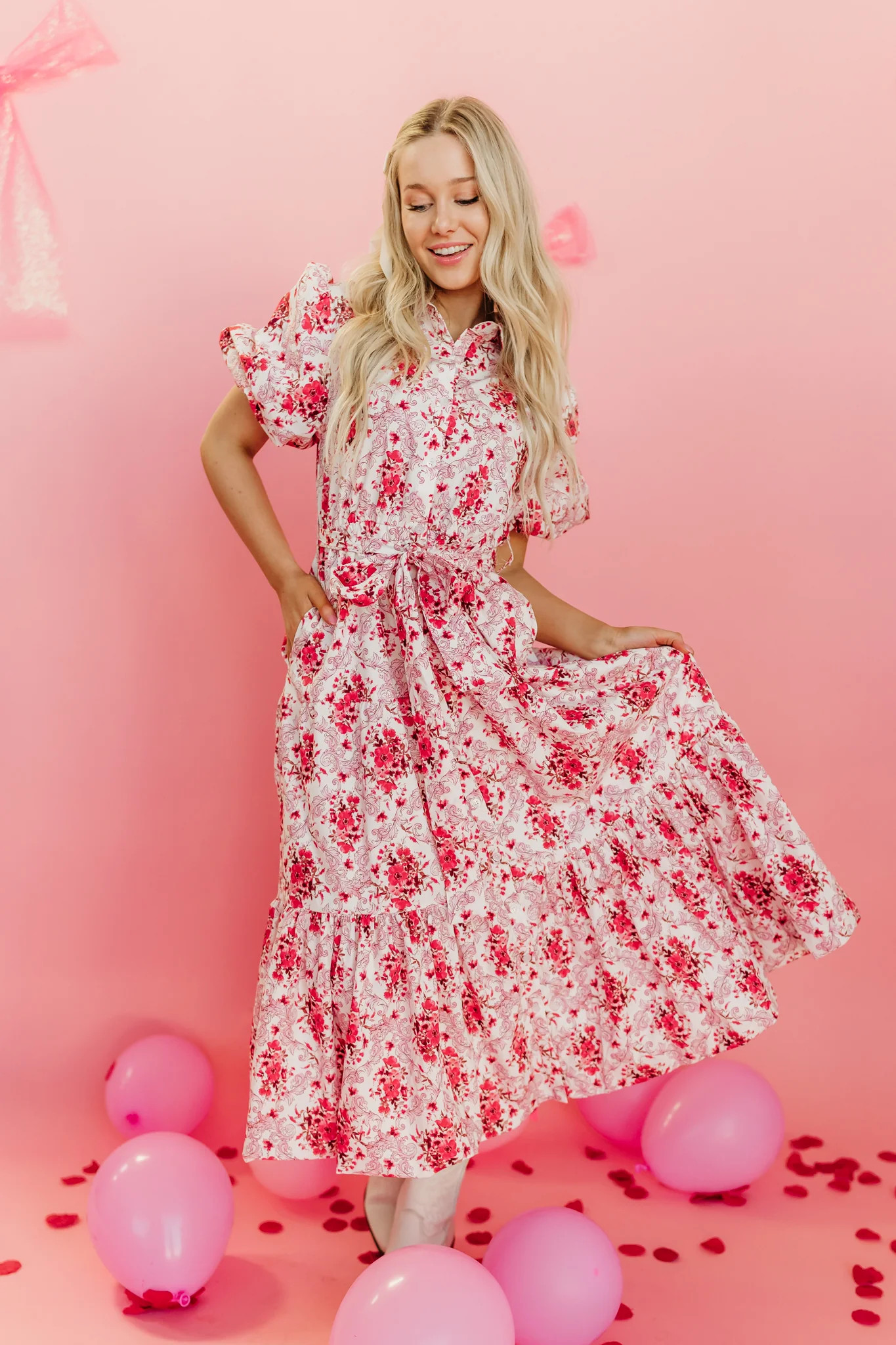 THE PIA POPLIN FLORAL MIDI DRESS IN RED | Pink Desert