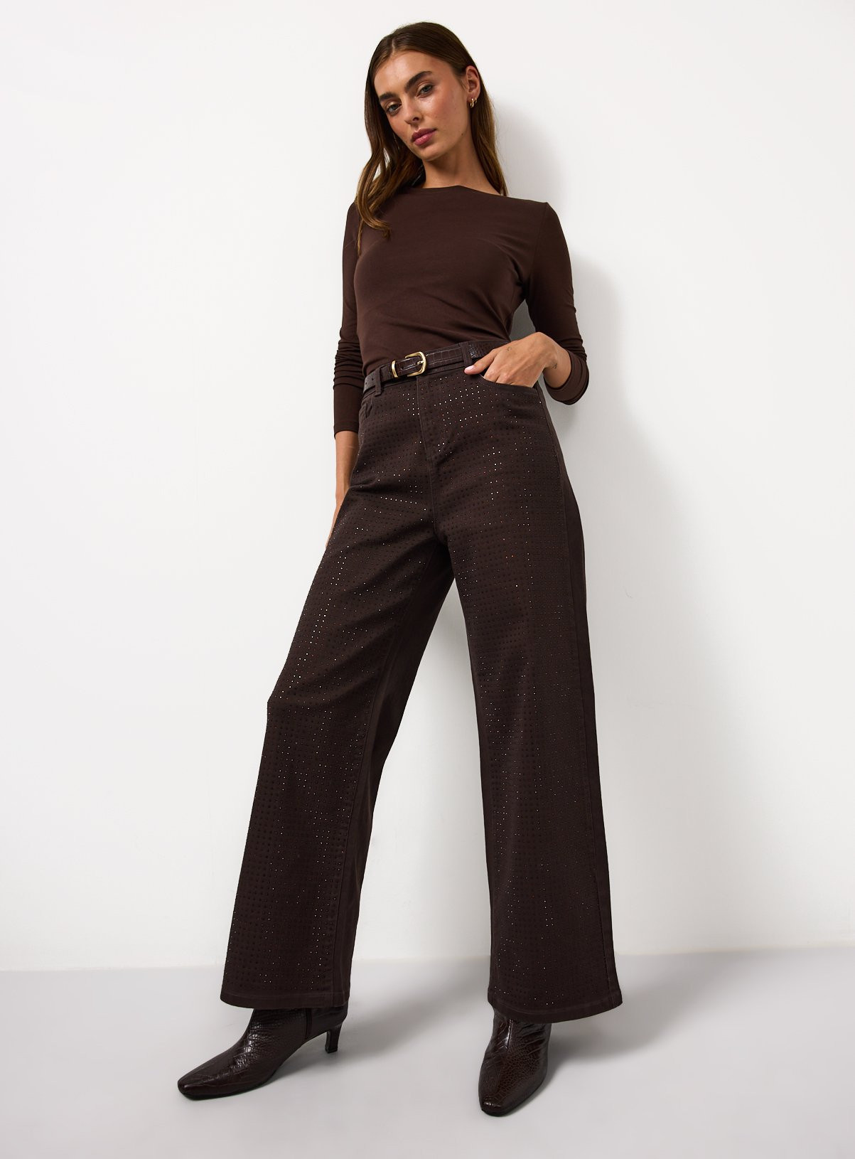 Brown Denim Embellished Wide Leg Jeans | Tu Clothing