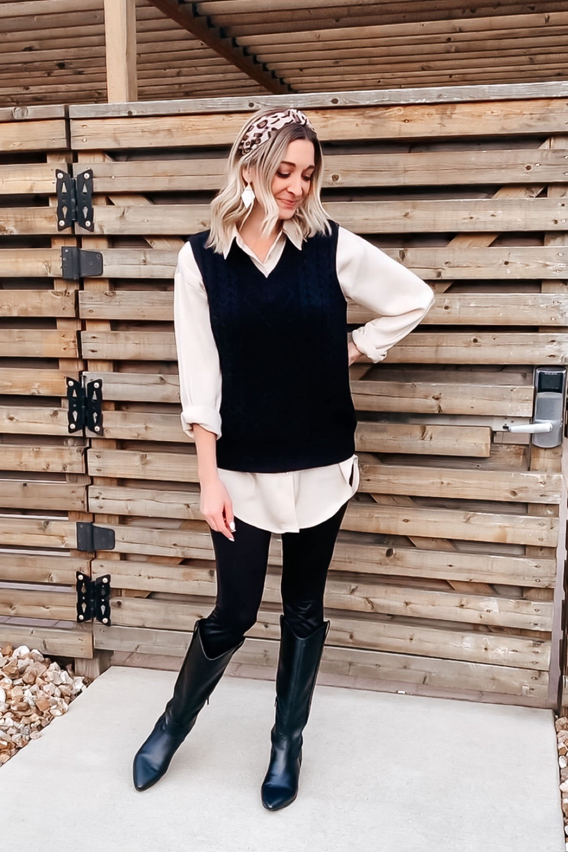 Casual chic look for winter! 
Satin blouse is from a local KC boutique, but I linked similar. Sweater vest is small- tts
Boots- tts

#LTKstyletip #LTKunder50 #LTKHoliday