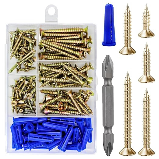(150Pcs) Yellow Zinc Wood Screw Quick Metal Self Tapping Flat Head with Drywall Plastic Anchors k... | Amazon (US)