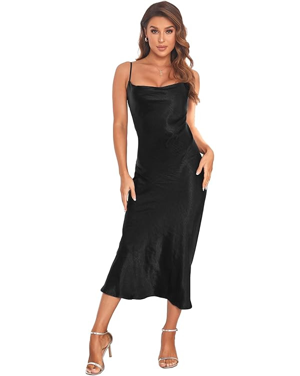 Women's Spaghetti Strap Midi Satin Silk Dresses Slip Cowl Neck Party Cocktail Evening Sexy Dress | Amazon (US)