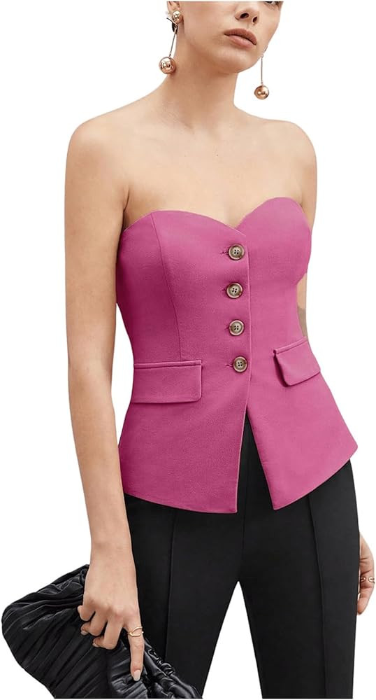 Floerns Women's Elegant Sleeveless Bandeau Button Front Strapless Work Tube Top | Amazon (US)