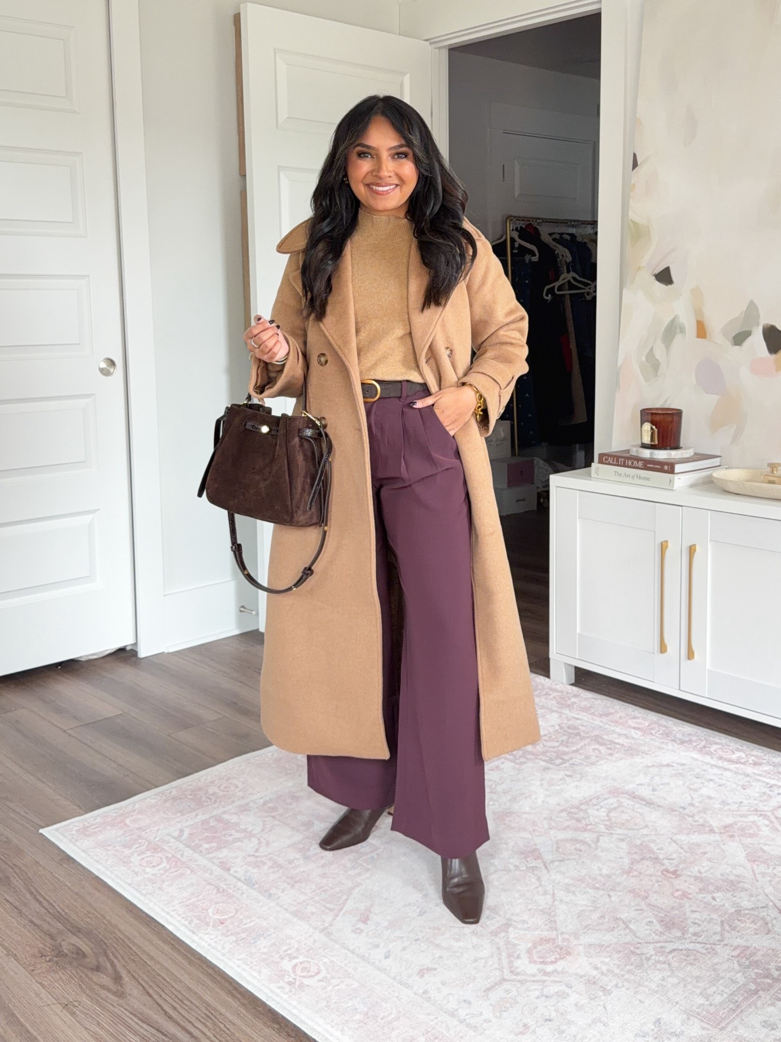 Camel coat size xs petite TTS
Camel tan sweater - old, similar linked
Dark brown belt size 27-31” TTS
Burgundy bordeaux purple pleated trouser pants size 2 petite TTS
Brown boots size 5.5 TTS

#LTKSaleAlert #LTKWorkwear #LTKPetite