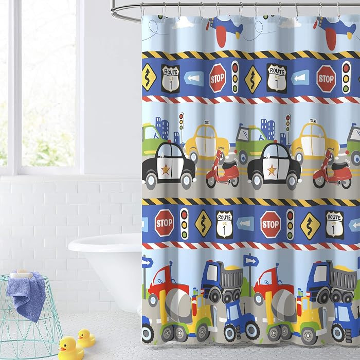 Dream Factory Kids Fabric Shower Curtain for Bathroom, 72W x 72L, Blue Red Trains and Trucks | Amazon (US)