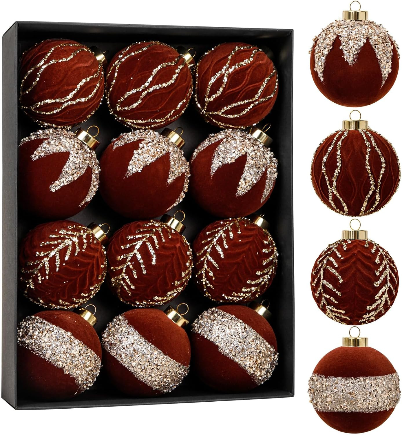 WDF 12PCS Burgundy Christmas Balls Ornaments - Christmas Tree Decoration Four Styles of 80mm shat... | Amazon (US)