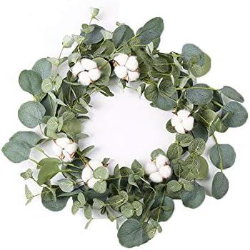 14" Artificial Eucalyptus Green Leaf Wreath with Cotton, Spring Summer Outdoor Ornaments for Fron... | Amazon (US)