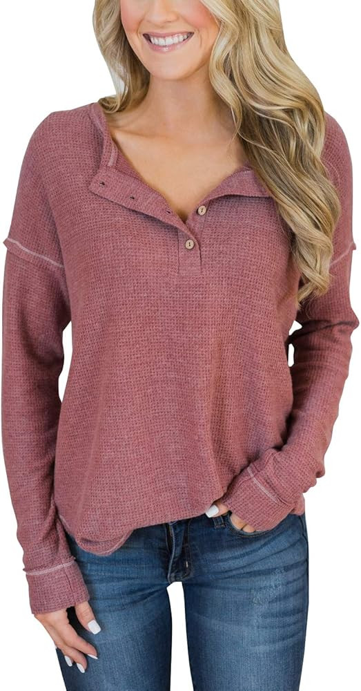 PRETTODAY Women's Long Sleeve Waffle Knit Henley Tops Thermal Button Up Tunics Round Neck Pullovers | Amazon (US)