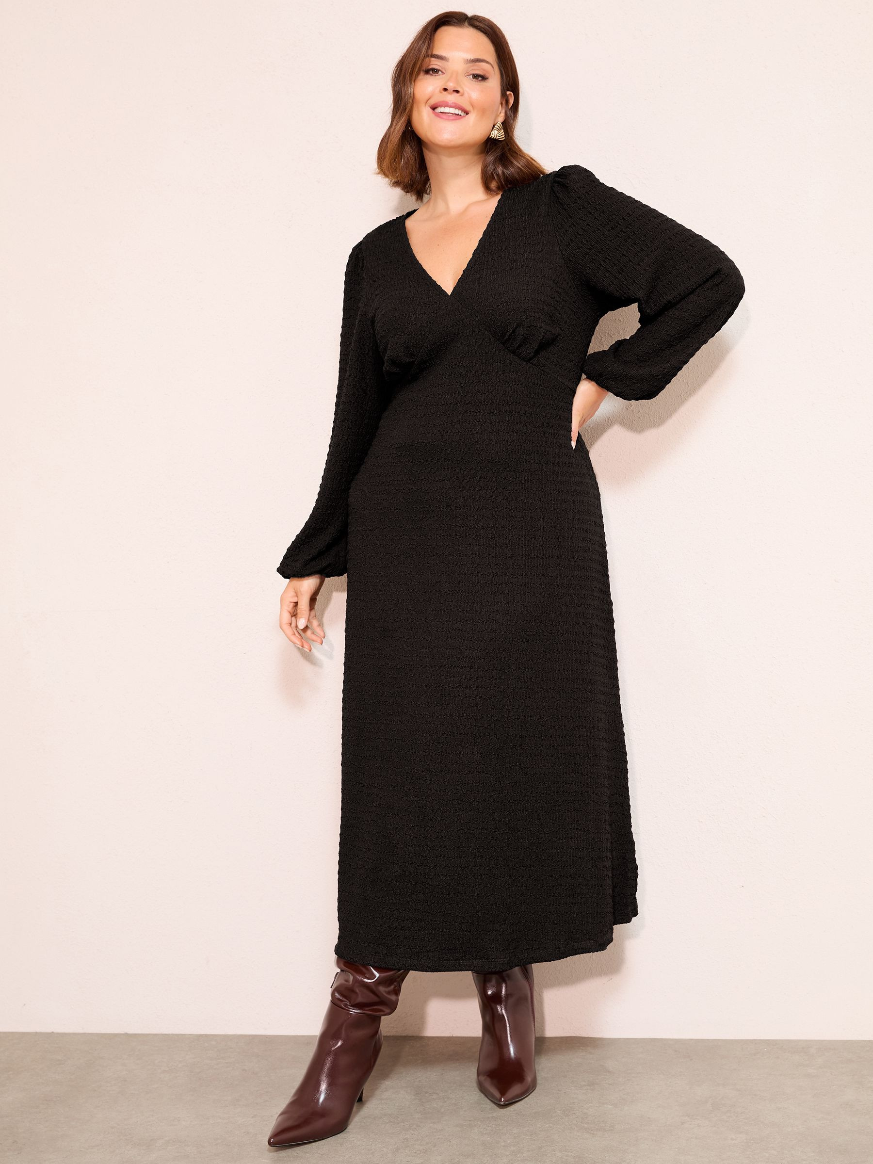 friendslikethese Friends Like These Black Curve Textured V-Neck Long Sleeve Midi Dress | Next US