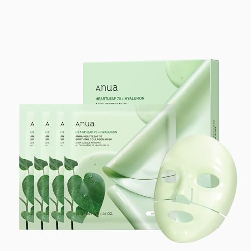 ANUA Heartleaf 70 Soothing Collagen Mask, Overnight Face Mask for Glass Skin, hyaluronic acid, Collagen, Soothing & hydration Facial Mask for Sensitive Skin, Natural Color, Korean Skin Care (38g, 4ea) | Amazon (US)