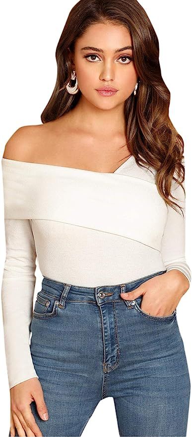 Romwe Women's Casual Cross Off Shoulder Deep V Neck Ribbed Knit Slim Wrap Tee Shirt Blouse | Amazon (US)