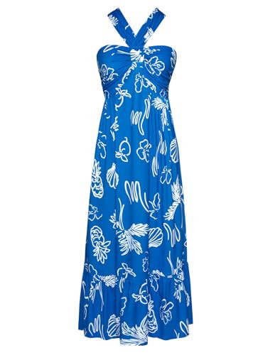 GRACE KARIN Womens Summer Floral Dresses 2026 Boho Maxi Dress Flowy Halter Sundress Casual Vacation Beach Clothes with Pocket Blue Ocean XL | Amazon (US)