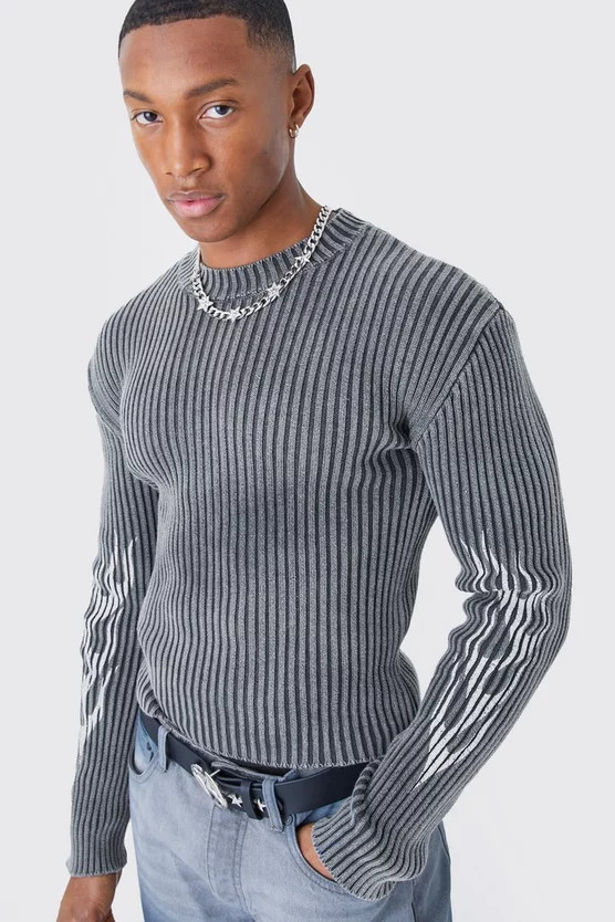 Muscle Fit Ribbed Acid Wash Knit Sweater | boohooMAN (US & Canada)